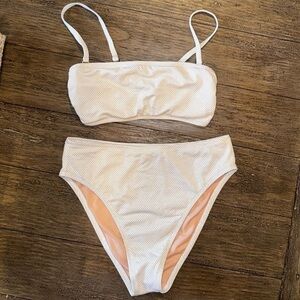 LEITH Cream & Gold High Waist High Cut Bikini Bottom and Bandeau Top Set Small